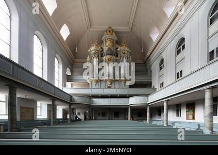 Marineschiff, Spätgotik mit Wiegleb-Orgel, 1736, 1738, von Johann Christoph Wiegleb, der wichtigsten barocken Orgel in Franken, die Collegiatskirche St. Stockfoto