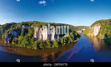 Luftaufnahme, Donaudurchbruch, auch Weltenburg schmal, die Donau geht ihren Weg in einer engen Schlucht durch das harte Kalksteinplateau des Obers Stockfoto