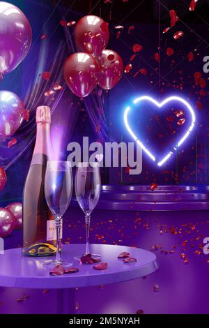 Valentinstag romantischer Hintergrund mit Champagnerflasche, zwei Champagnergläsern, festlichen roten Ballons, valentinsherzen, roten Rosenblüten, Blütenblättern und l Stockfoto