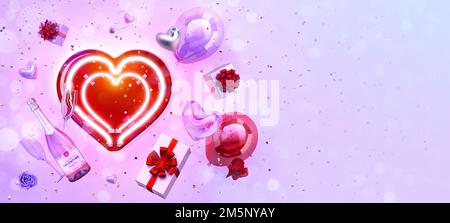 Happy Valentine's day Background: Leuchtendes Herz, festliche Ballons, valentinsherzen, Rosenblumen, romantische Liebesgeschenke, Champagner, Kopierraum. 3D Vale Stockfoto