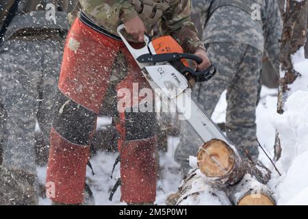 Ein Alaska Army National Guardsman, der der 207. Engineer Utility Division zugeteilt ist, baut während einer gemeinsamen Feldübung im Camp Mad Bull, Joint Base Elmendorf-Richardson, Alaska, am 26. Februar 2022 eine arktische Verteidigungsposition auf. Die gemeinsame Operation wurde durchgeführt, um die reaktionsfreudigen Maßnahmen der Air Force und der Armeewache in arktischen Umgebungen zu verstärken, indem arktische Verteidigungspositionen errichtet, individuelle Bewegungstechniken, Techniken zum Waffenhandhaben und Fahrzeugübungen bei kaltem Wetter durchgeführt wurden. Stockfoto