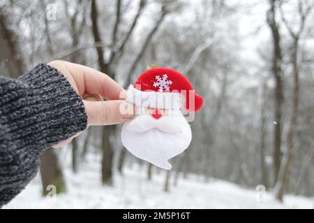 Merry Christmas Concept. Hand hält den Weihnachtsmann vor dem Hintergrund des Winterwaldes. Stockfoto