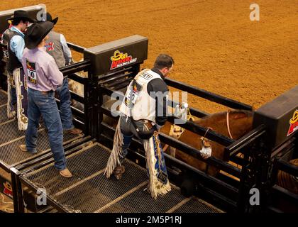 Die Fahrer bereiten sich auf den Wettbewerb „Branco Busting“ bei der San Antonio Stock Show and Rodeo am 26. Februar 2022 vor. Stockfoto