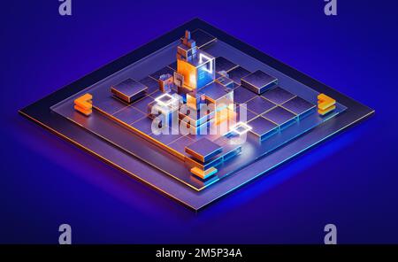 Abstraktes isometrisches Webschnittstellendesign. Isometrischer Digitalblock mit Leuchteffekt auf minimalem Hintergrund. Technologie für Unternehmenssysteme, globales Netzwerk, groß Stockfoto