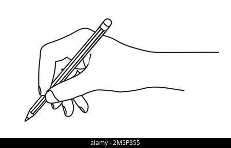 Hand hält einen Bleistift, schreibt oder zeichnet isoliert auf weißem Hintergrund Stock Vektor