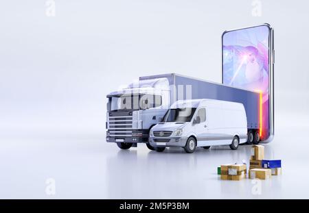Schnelle Lieferung, Online-Tracking-Service App 3D Illustrationskonzept mit Lieferwagen, Transporter, Paketkartons, mobilem Smartphone, Logistik Stockfoto