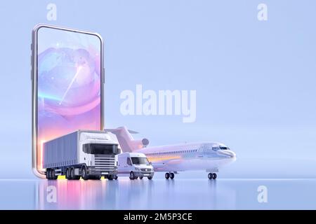 Online-Tracking-Service App schnelle Lieferung, 3D-Illustrationen Designkonzept mit Lieferwagen, Flugzeugen, Frachtwaggon, mobilem Smart Stockfoto