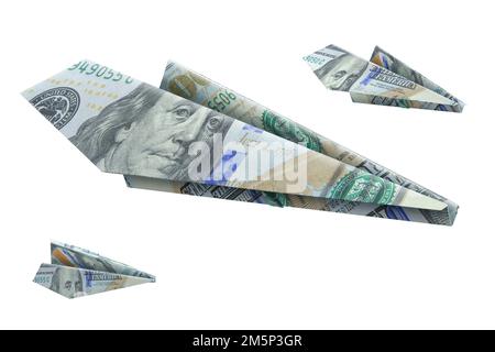 100-US-Dollar-Banknote Flugzeug Origami isolierter weißer Hintergrund. Hundert amerikanische Dollar Papierflugzeuge. Geldtransfermarkt, Bankwesen, tran Stockfoto