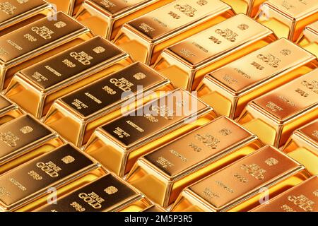 Goldbarren aus reinem Gold im Bankschließfach. 1kg 999,9 Goldbarren Hintergrund. Edelmetall-Investitionen, Finanzgeschäft, Gold Stockfoto