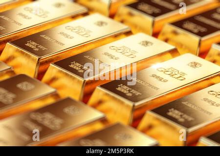 Ein Stapel Goldbarren in Bankschließfächern. 1kg 999,9 Goldbarren Hintergrund. Investitionen in Edelmetalle, Finanzgeschäfte Stockfoto
