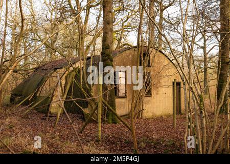 Eine alte Nissen-Hütte, die im 11. Weltkrieg im Zustand des Verfalls benutzt wurde Stockfoto