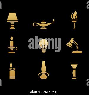 Goldene Lichtquellensymbole auf schwarzem Hintergrund Stockfoto