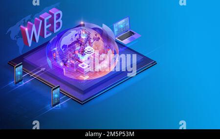 Hintergrunddesign der isometrischen Internet-Website-Schnittstelle. Entwicklung von Webplattformen, Softwareprogrammierung, Big-Data-Analyse, Verwaltung, Markt Stockfoto