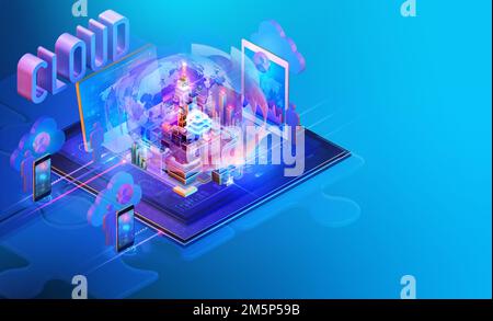 Cloud-Computing-Technologie isometrische Internet-Website-Schnittstelle Hintergrunddesign. Online-Speicher-Geschäft, Austausch von Big-Data-Informationen, Netzwerkmanager Stockfoto