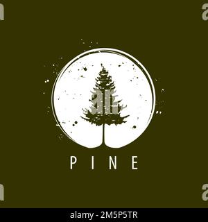Ein Logo mit Kiefernsilhouette auf einer runden Form auf dunkelgrünem Hintergrund Stock Vektor