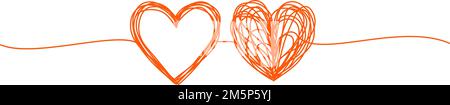 Gekoppelte Herzen verwickeltes Kritzelbanner Hand gezeichnet mit dünner Linie, Stock Vektor