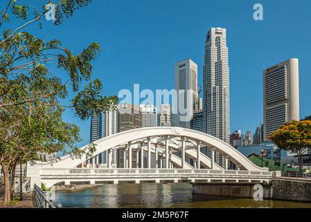 Die Elgin Bridge ist eine Fahrzeugbrücke über den Singapore River im Zentrum von Singapur, mit der Skyline im Hintergrund Stockfoto