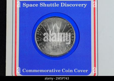 Nahaufnahme einer Space Shuttle Coin zur Erinnerung an den Start der Space Shuttle Discovery am 29. September 1988 vom Kennedy Space Centre Stockfoto