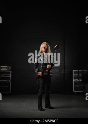 K.K. Downing, fotografiert in KK's Steel Mill, Woverhampton. Stockfoto