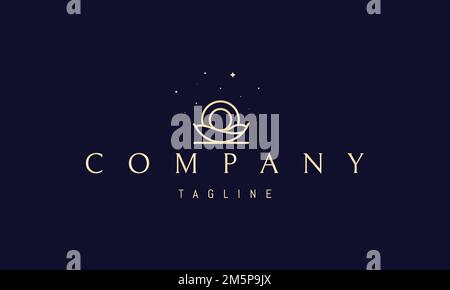 Vector goldenes Logo, auf dem ein abstraktes Bild des Mondes in der Wiege des Himmels vor dem Hintergrund von Sternen. Stock Vektor