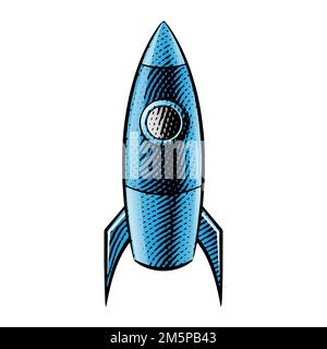 Scratchboard gravierte Illustration einer Rakete mit blauer Füllung isoliert auf weißem Hintergrund Stockfoto