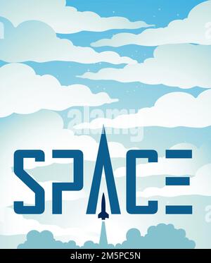 Illustration des Weltraumplakates eines Raketenstarts über einem hellblauen Nachthimmel mit futuristischem Text Stockfoto