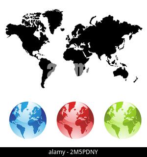 Schwarze Weltkarte und bunte Globen isoliert auf weißem Hintergrund Stockfoto
