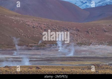 Der Rauch der Geysire El Tatio im vulkanischen Gebiet der Atacama-Wüste an der Grenze Chiles zu Bolivien Stockfoto