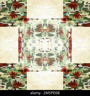 Gestepptes, nahtloses Muster im floralen Patchwork-Dessin. Verziertes Geo-Muster für exotische Naturtapeten. Cottagecore Blume Blütenblatt von Hand aus Bohemian nahtlos Stockfoto