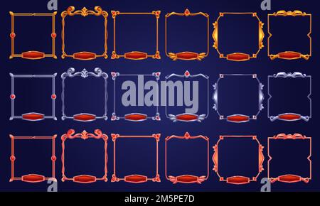 Goldsilberne Kupferrahmen im Vintage-Stil, mittelalterliche rechtecke aus Metall, Edelsteine und rote Knöpfe. Cartoon leer metallisch umrandet mit Edelstein Stock Vektor