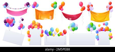 Heliumballons und Banner isoliertes Set. Mehrfarbige Dekoration für Feiertage, große Eröffnungszeremonie, Geburtstag, Hochzeit oder Partyveranstaltung auf Whit Stock Vektor