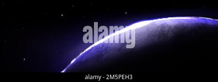 Planet mit blauem Licht am Horizont von aufgehender Sonne auf dem Hintergrund eines schwarzen Kosmos mit Sternen. Banner mit Weltraum und Erdkugel mit leuchtendem atmos Stock Vektor