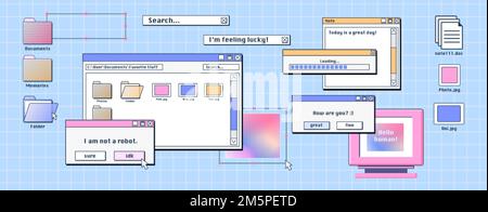PC-Bildschirm mit alten Software-Fenstern, die auf dem Desktop geöffnet sind. Vektordarstellung des Ordners, der Datei, der Miniaturansichten des Dokuments, des Ladefortschritts und Stock Vektor