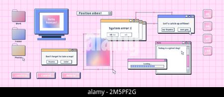 Retro-Computer-Schnittstelle, Digitalbildschirm mit Fenstern, Tasten, Meldungsrahmen. Desktop-pc-Systemelemente im Y2K-Stil, Vektorfilm auf pinkfarbenem Ba Stock Vektor