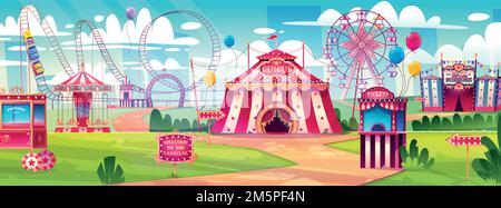 Vergnügungspark, Karneval, Jahrmarkt mit Zirkuszelt, Achterbahn, Karussell und Riesenrad, Spiegelsaal und Ticketschalter. Sommerszene mit Zubehör Stock Vektor