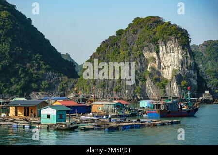 CAT Ba, Vietnam - 21. Dezember 2022: Schwimmendes Dorf in der Bucht von Lan Ha in Cat Ba, Vietnam. Stockfoto