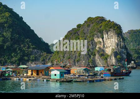 CAT Ba, Vietnam - 21. Dezember 2022: Schwimmendes Dorf in der Bucht von Lan Ha in Cat Ba, Vietnam. Stockfoto