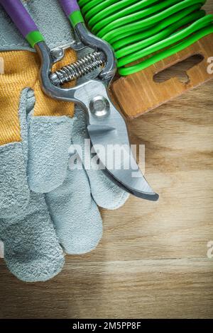 Gartenschere Gartenbinder Drahtschutzhandschuhe auf Holzbrett. Stockfoto