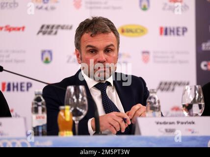 Vedran Pavlek während der Pressekonferenz des Frauenslaloms im Rahmen der Audi FIS Alpine Ski World Cup „Snow Queen Trophy“ 2023 in Zagreb, Kroatien, am 30. Dezember 2022. Das Rennen findet am 4-5. Januar statt. Foto: Zeljko Hladika/PIXSELL Stockfoto