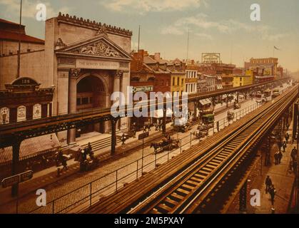 The Bowery, New York City, USA, C 1900, Elevated Railroads, Gewerbliche Einrichtungen, Stadt- und Stadtleben - Detroit Publishing Co - Fotodruck Stockfoto