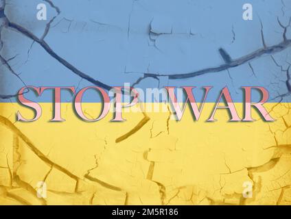 Ukrainische Flagge auf gerissener Betonwand mit Wort Stopp Krieg. Stockfoto