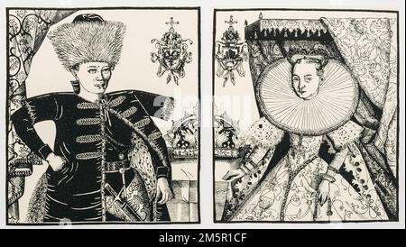 Gravur von False Dmitry I. und seiner Frau Marina Mniszech. Falscher Dmitry Ich regierte als Zar von Russland vom 10. Juni 1605 bis zu seinem Tod Mai 1606. Das War Er Stockfoto