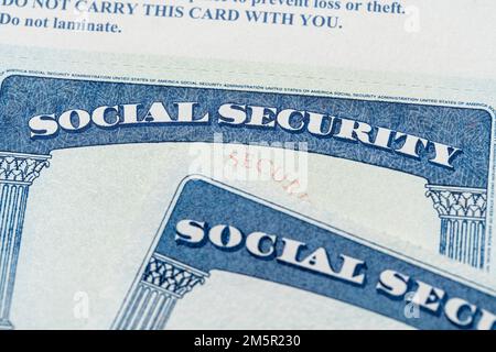 Die US-Sozialversicherungsbehörde stellt eine Sozialversicherungsnummer als individuellen Ausweis aus, eine Sozialversicherungskarte. Stockfoto