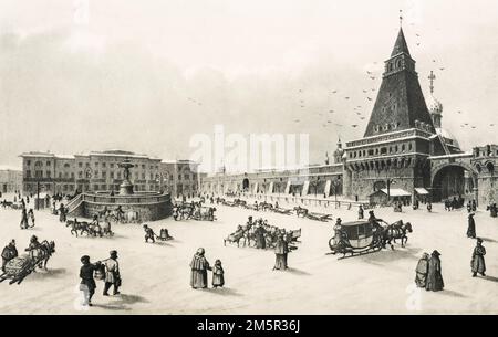 Blick Auf Den Lubjanskaya-Platz Von Der Sofiyskaya-Straße, Moskau. Gravur. Lithographie Mitte des 19. Jahrhunderts. Stockfoto