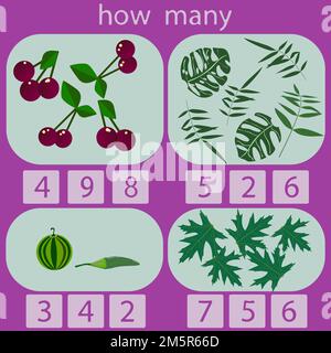 Zählen Sie, wie viele Elemente auf den Bildern für Kinder unter 6 Jahren neu gebucht werden Stock Vektor