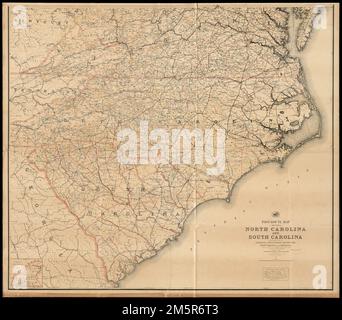 Post-Route-Karte der Bundesstaaten North Carolina und South Carolina mit angrenzenden Teilen von Georgia, Tennessee, Kentucky, West Virginia und Virginia : Postämter mit den mittleren Entfernungen und Postrouten, die am 1. Oktober 1891 in Betrieb waren. Zeigt auch Landkreise und Eisenbahnen. Bester Meridian: Washington, D. C. Inset: Westlicher Teil von North Carolina. „Der Service in diesem Diagramm wurde bis zum Oktober 1. aktualisiert. 1891.'... North Carolina, South Carolina Stockfoto