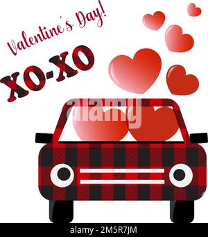 Valentinstag-Auto mit roten Herzen. Valentines Buffalo Cartoon-Auto. Vektordarstellung, schöne Abstammung für valentine. Stock Vektor