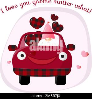 Lustiger süßer Zwerg in einem Auto mit geformten Herzen zum Valentinstag. Cartoon-Style. Hübsches Design für die Grußkarte, valentine. Stock Vektor