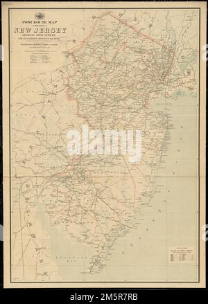 Postroute-Karte des Bundesstaates New Jersey mit Postfilialen mit den mittleren Entfernungen auf Poststrecken, die am 1. Dezember 1903 in Betrieb waren. Zeigt auch Eisenbahnen und Bezirke. Enthält eine Liste der Bezirke, die die relative Position... anzeigen In New Jersey Stockfoto