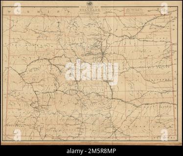 Postroute-Karte des Bundesstaates Colorado mit Postämtern mit den mittleren Entfernungen und Postrouten, die am 1. Oktober 1891 in Betrieb waren. Zeigt Landkreise, Eisenbahnstrecken, Postrouten verschiedener Frequenzen, spezielle Versorgungsrouten und Postbotenrouten an. Relief durch Hachures und Punkthöhen dargestellt. "Der Dienst auf diesem Diagramm wurde bis zum 1. 1891. Oktober veröffentlicht." , Colorado Stockfoto